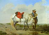 Eugene Verboeckhoven Canvas Paintings - A Cavalier Watering his Mount